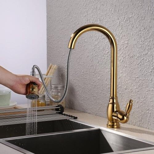 Luxury Titanium Gold Solid brass Kitchen Faucet Single Hole Bar Sink Water Mixer Tap with Pull Down Sprayer