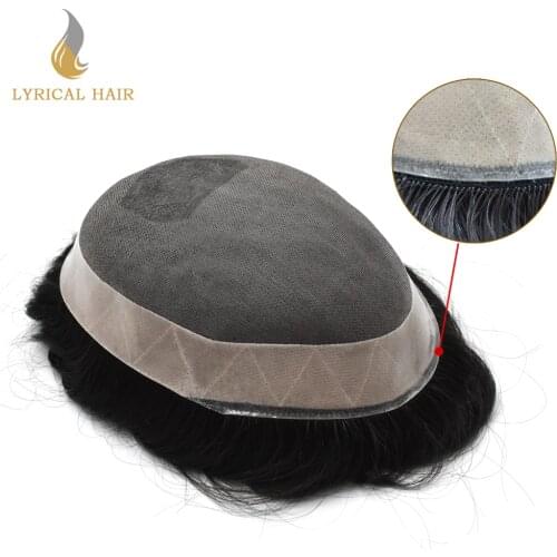 Fine Mono Mens Toupee Hairpiece Poly Skin NPU Around Human Black Hair Replacement Systems Medium Heavy Density Durable Wig
