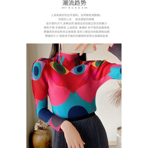IN STOCK Miyake fold long sleeve T-shirt stand collar print Dots Tofu pleats T-shirt HOT SELLING