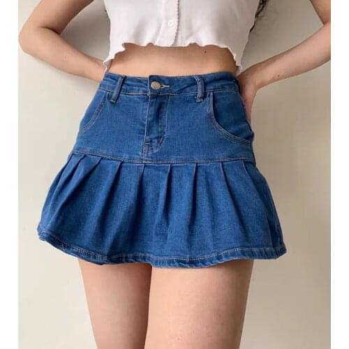Pleated Skirt Women Skirt 2021 New Summer Blue Punk High Waisted Jeans School Gir Denim Skirt Shorts Egirl Mini Skirts Yk2