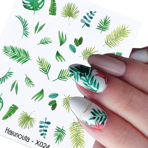 Green Simple Water Nail Stickers Nail Art Decoration Flower Leaves Geometric Lines Transfer Water Sliders Decals Manicures