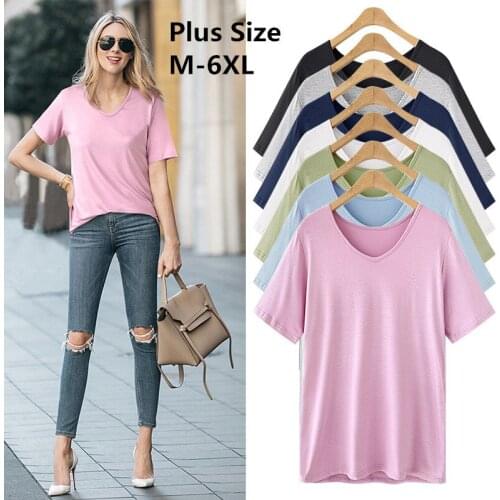 Womens T-shirt Summer Plus Size Tee Basic Shirts Women Solid V Neck Short Sleeve Long Casual Big Size Female 4XL 5XL Tops Femme