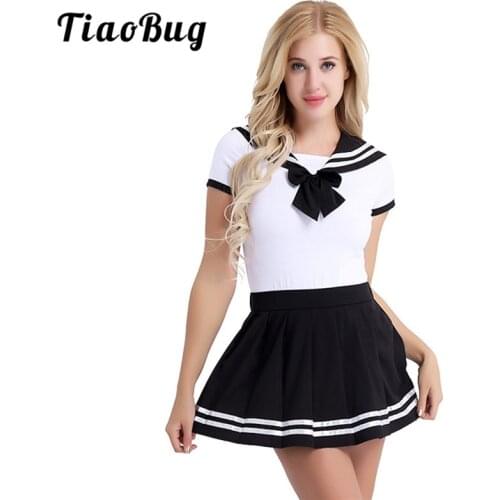 TiaoBug Women Snap Crotch Romper with Mini Pleated Skirt Sets Japanese Sailor School Girl Uniform Women Cosplay Sexy Costumes
