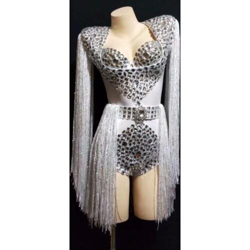 Sexy White Blue Red Big Rhinestones Tassel Bodysuit Bra Women Birthday Celebrate Outfit DJ Women Singer Show Nightclub Costume