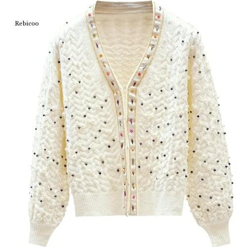 Chic Pearls Beading Sweater Women Bling V neck Loose Designer Jumper Open Stitch Korean Thick Sweaters Cardigan Female