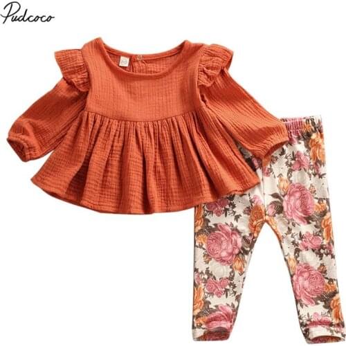 2019 Barnd Newborn Kids Baby Girls Flower print Clothes Top Cotton Linen T Shirt Floral Pants Tracksuit Outfits Sweet Autumn Set