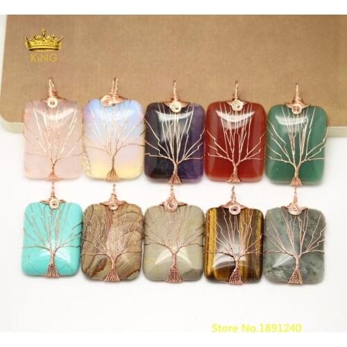 5pcs 30x40mm Large Natural Stones Tree of Life Pendants Jewelry,Wire Wrapped Copper Rectangle Gems Rose Gold Plating Necklace