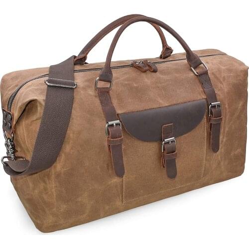 Oversized Travel Duffel Bag Waterproof Canvas Genuine Leather Weekend bag Weekender Overnight Carryon Hand Bag Brown