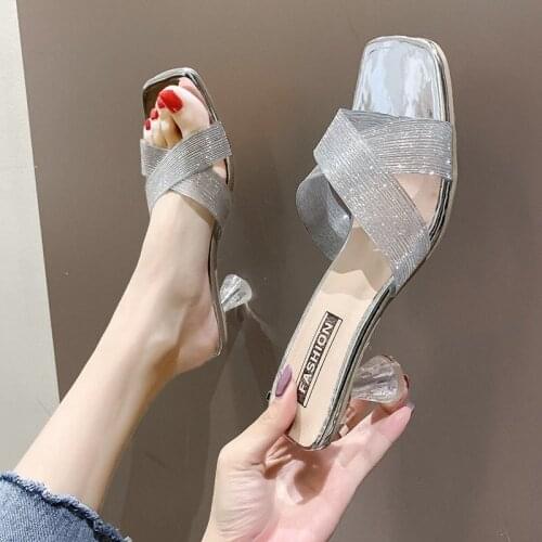 Newly Arrived Slingbacks Women Slipper Summer Sexy Sequins Sandals Silver Gun 7cm High Heel Slipper Female Outdoor Slippers 2021
