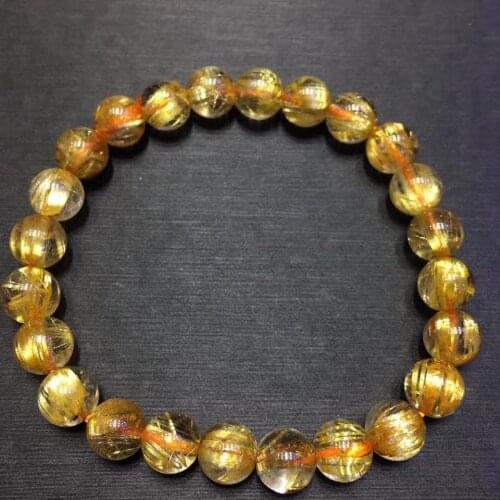 Genuine Natural Gold Rutilated Quartz Crystal Bracelet Woman 7.3mm Clear Round Beads Jewelry Brazil Genuine AAAAA
