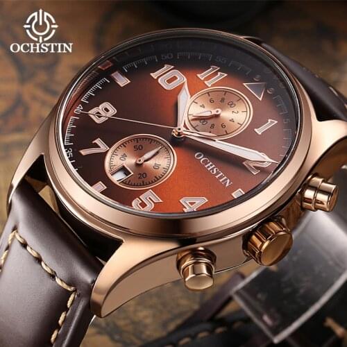 Ochstin Mens Watches New Fashion Leather Sports Wristwatch Chronograph Quartz Watch Top Brand Men Clock Relogio Masculino