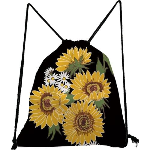Black Softback Bag Sunflower Printed Drawstring Bags Unisex Shoe Bag for School Preppy Style Backpack Fashion Travel Storage Bag