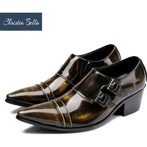Christia Bella Brand Classic Buckle Strap Mens Dress Shoes Genuine Leather Comfortable Brown Male Social High Heels Oxford Shoes