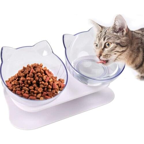 Double Cat Bowls Anti Skid Tilting Neck Protective Cat Food Water Bowls Cat Bowls with Stand Pet Bowls for Cats and Small Dogs