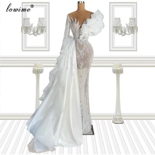 Elegant White Mermaid Evening Dresses Muslim Evening Gowns Long Wedding Party Dresses With Detachable Train Vestidos Formales