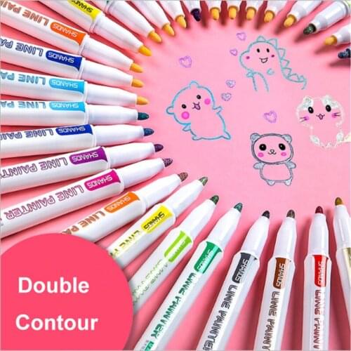 4/8/12 Color Fluorescent Pens Double Line Contour Color Marker Pen for Writing Drawing Painting Graffiti School Stationery