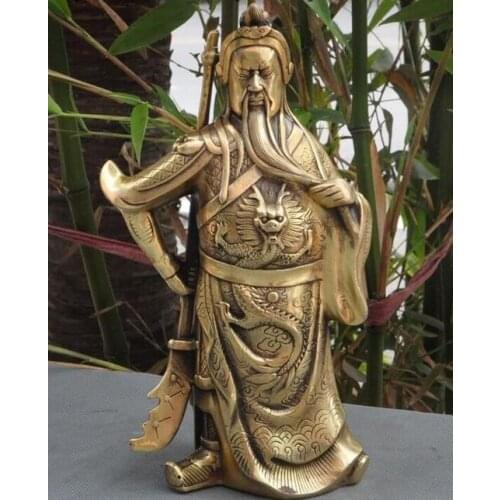 9"Chinese Famous Brass dragon Guan Gong GuanYu Warrior God statue sculpture
