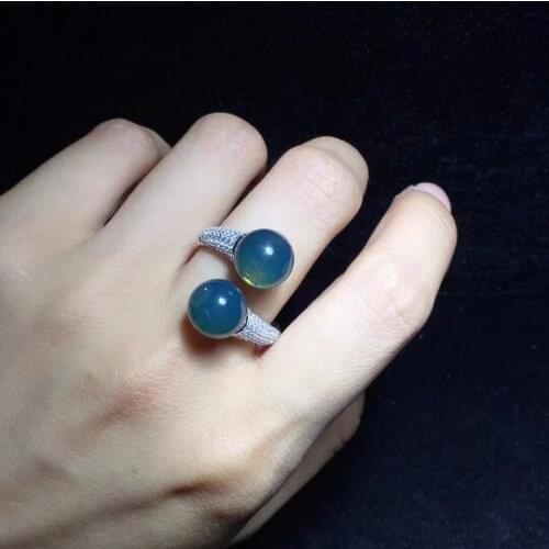 100% real 925 sterling silver inlaid 9mm blue amber ring natural amber ring women 925 open ring rings