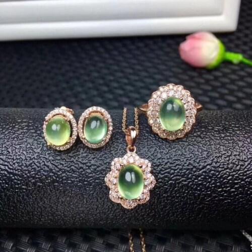 Natural and Real Prehnite jewelry set 925 sterling silver 1pc pendant,1pc ring ,2pcs Earring