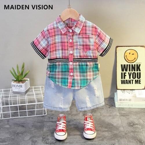 Summer plaid shirt jeans 2pcs/set Gentleman suit Kid Boy Clothing Casual Tracksuit Infant Clothes Baby Ripped Denim shorts 1-5y