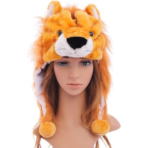 Cute Fuzzy Cartoon Plush Animal Lion Warm Beanie Faux Fur Hood Hat Winter Women Mens Children Kids Boys Girls Cosplay Costume