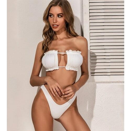 Sweet Style Strapless Solid White Ruffles Bikinis Set 2020 Mujer Brazilian Bathing Wear Girls Push Up Micro Swimsuit Set