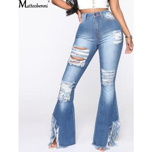 Fashion Denim Flare Pants Women Retro Ripped Jeans Wide Leg Trousers Lady Casual Bell-Bottoms Flare Pants Female Vintage Jeans