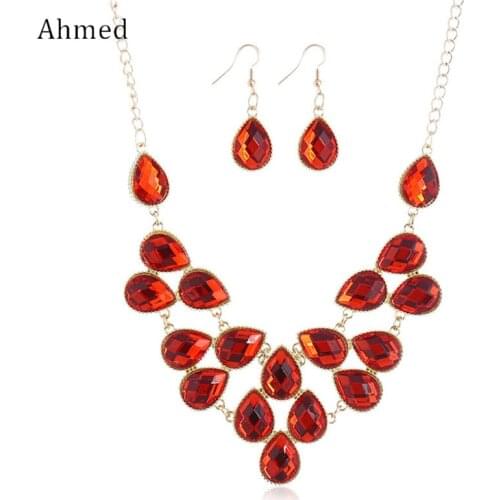 Ahmed Fashion 4 Color Multilayer Crystal Jewelry Set for Women Long Necklace Pendant Rhinestone Earrings Wedding Jewelry Gift