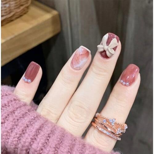 Fake Nails Butterfly Diamond Blooming Bean Paste Color Wearable Nail Detachable Nail Sticker Nail 24pcs With Glue SANA889