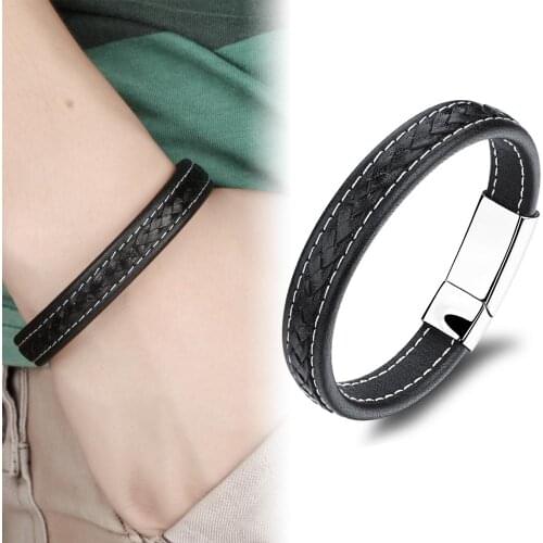 New Classic Style Men Black Leather Bracelet Simple Silver Color Stainless Steel Button Neutral Accessories Hand-woven Jewelry