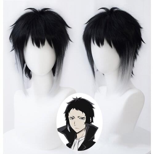 New Anime Bungo Stray Dogs Ryunosuke Akutagawa Cosplay Wigs Ryuunosuke Black Gray Curly Fluffy Heat Resistant Synthesis Hair Wig