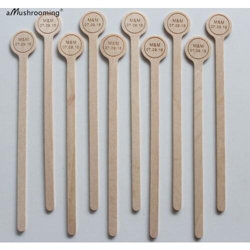 X100 Personalized Engraved Wooden Beverage Stirrers Name and Date Party Swizzle Sticks with Circle for Hot Coca and Cold Drinks