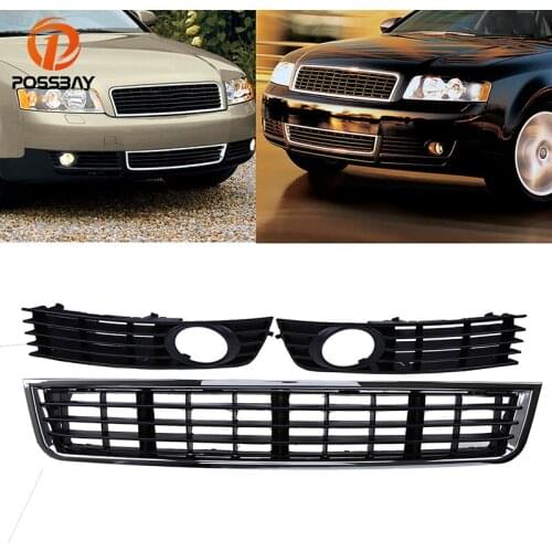 POSSBAY 3Pcs Car Front Bumper Grills Fog Lights Grille Cover Racing Grilles for Audi A4 B6 Sedan 2001/2002-2005 Car Grille Vent