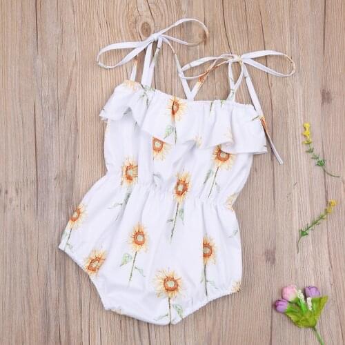 Newborn Baby Girls Lace-up Sling Romper Sunflower Print Casual Jumpsuit Summer Sleeveless Baby Clothes