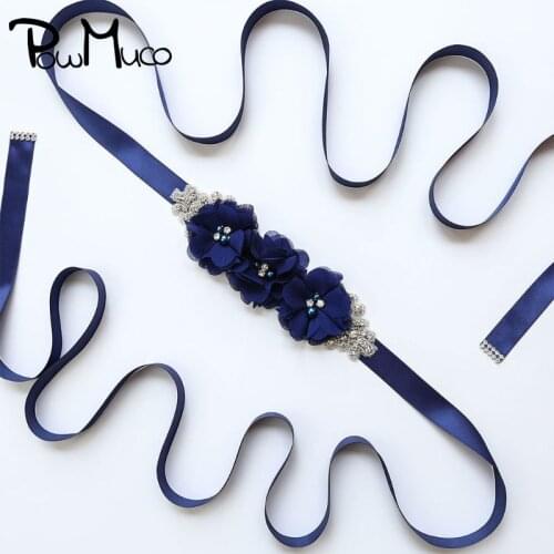 Powmuco Solid Color Handmade Flowers Adjustable Maternity Belt Shining Oval Rhinestone Party Dress Decoration Sash DIY Accessory