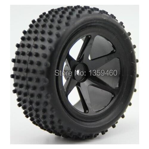 Pre-Glued 4pcs 1/10 Buggy Tires Tyre(Off-Road) 6 Spoke Black Wheel Rim fits for 1:10 4WD Buggy Car 1/10 Tire