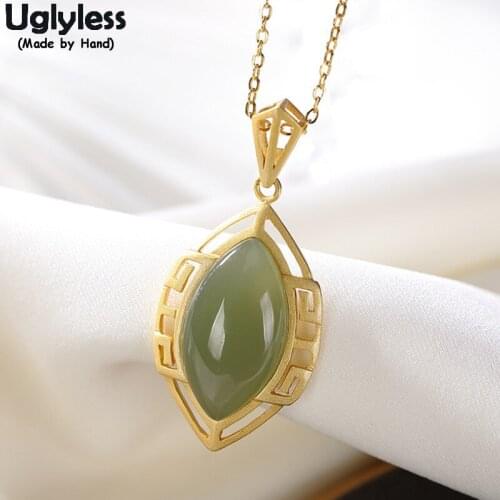 Uglyless Simple Noble Oval Gemstones Necklaces for Women Natural Green Jade Pendants + Chains Hollow 925 Silver Necklaces Gold