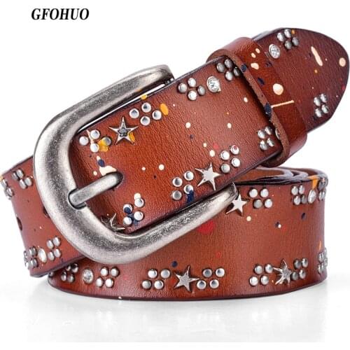 GFOHUO Fashion Luxury Designer Colorful Belts Rivet belt Women High Quality Genuine Leather Belt Vintage Women Belt For Jeans