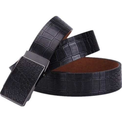 Mens Genuine Leather Cover Automatic Buckle Metal Belts Quality Crocodile Stripes Blue Cow Skin Accessories Belt for Men