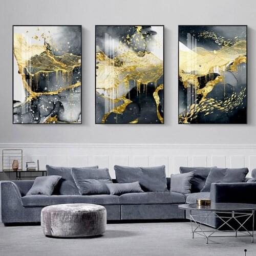Contemporary HD Black Gold Ink Abstract Mountain Canvas Painting Wall Art Poster Print Picture for Living Room Home Decoration
