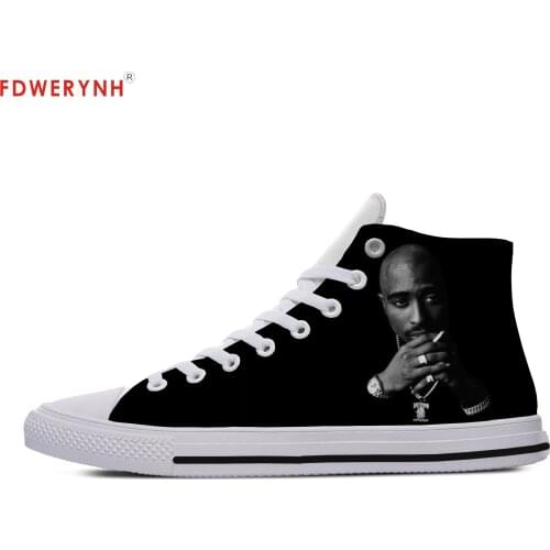 Mens Casual Shoes White 2Pac Tupac Shakur Icon Rap Male Customized Printed Men High-top Canvas Shoes Breathable Lace-up Shoes
