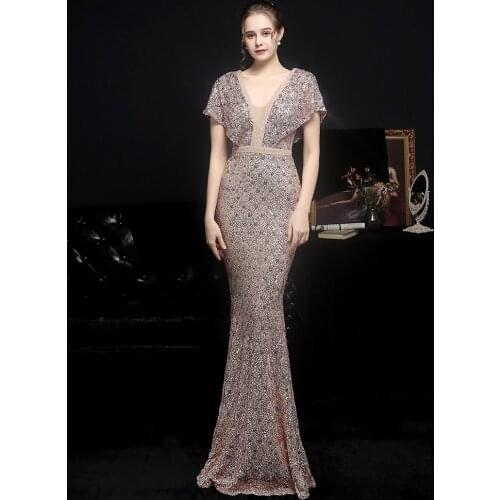 Partysix Sexy sequin Evening dress short sleeves Gold dress evening gowns for women Party dress prom dresses