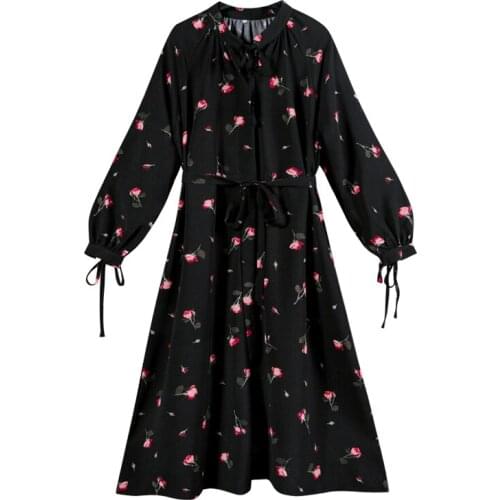 PERHAPS U Floral Print Dress Midi Bow Neck Ribbon Long Sleeve A Line Loose Black Chiffon D1324