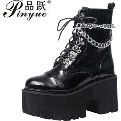 Women Gothic Ankle Boots Zip Punk Style Platform Shoes Goth Winter Lace-up Booties Chunky Heel Sexy Chain 2020 Dropshipping