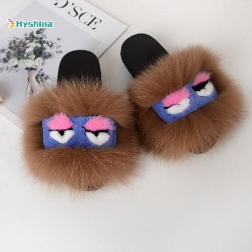 2020 Women Furry Slippers Ladies Shoes Cute Plush Fluffy Sandals Fox Fur Monster Flip Flop Female Summer Mao Mao Sandals Loafer