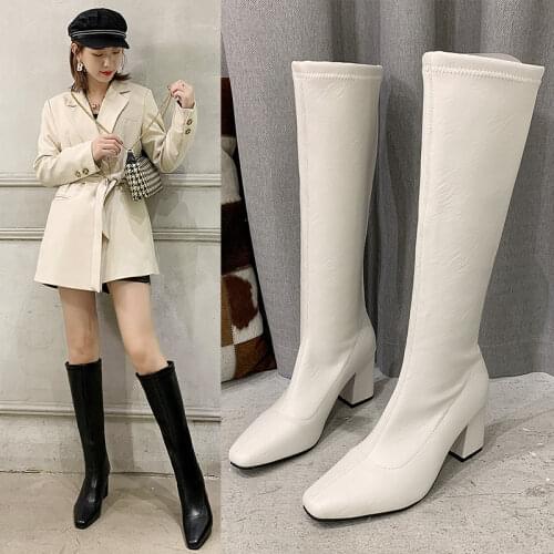 2021 Women Knee High Boots Female Fetish Zipper Knight White Boots Platform Winter BLACK Booties Lady Low Heels Shoes