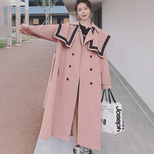 Womens Trench Coat Pink Windbreaker Spring Autumn New Loose Casual British Style Long Navy Collar Double Breasted Ladies Cloak