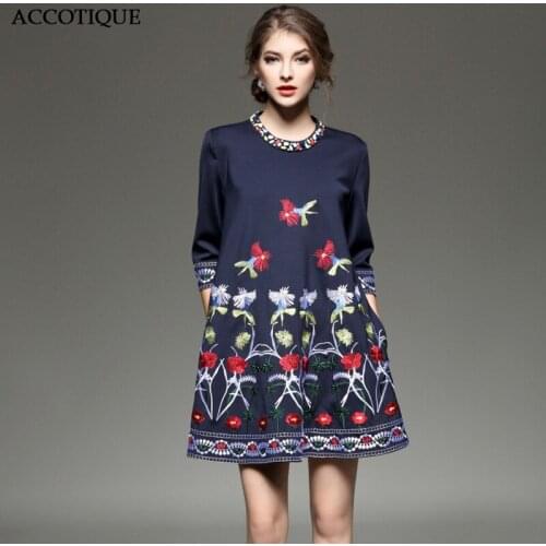 High Quality 2017 New Spring Summer Womens Embroidery Print Short Dress Female Fashion Beaded Blue Elegant A-Line Dresses