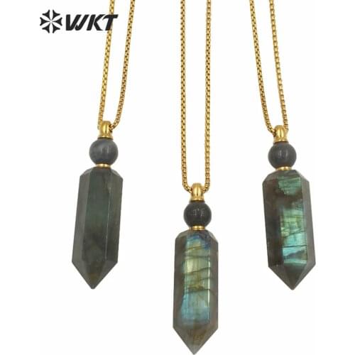 WT-N1256 Wholesale Labradorite Stone Necklace Big Size Perfume Bottle Necklace Gold Plated Chain 24inch Female Gift