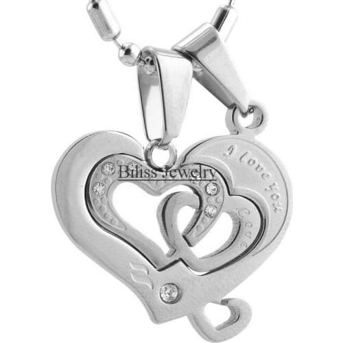 1 Pair Fashion Couple Jewelry Stainless Steel "I Love You" Engraved Heart Pendant Necklace for Couple Gold & Silver Color Tone